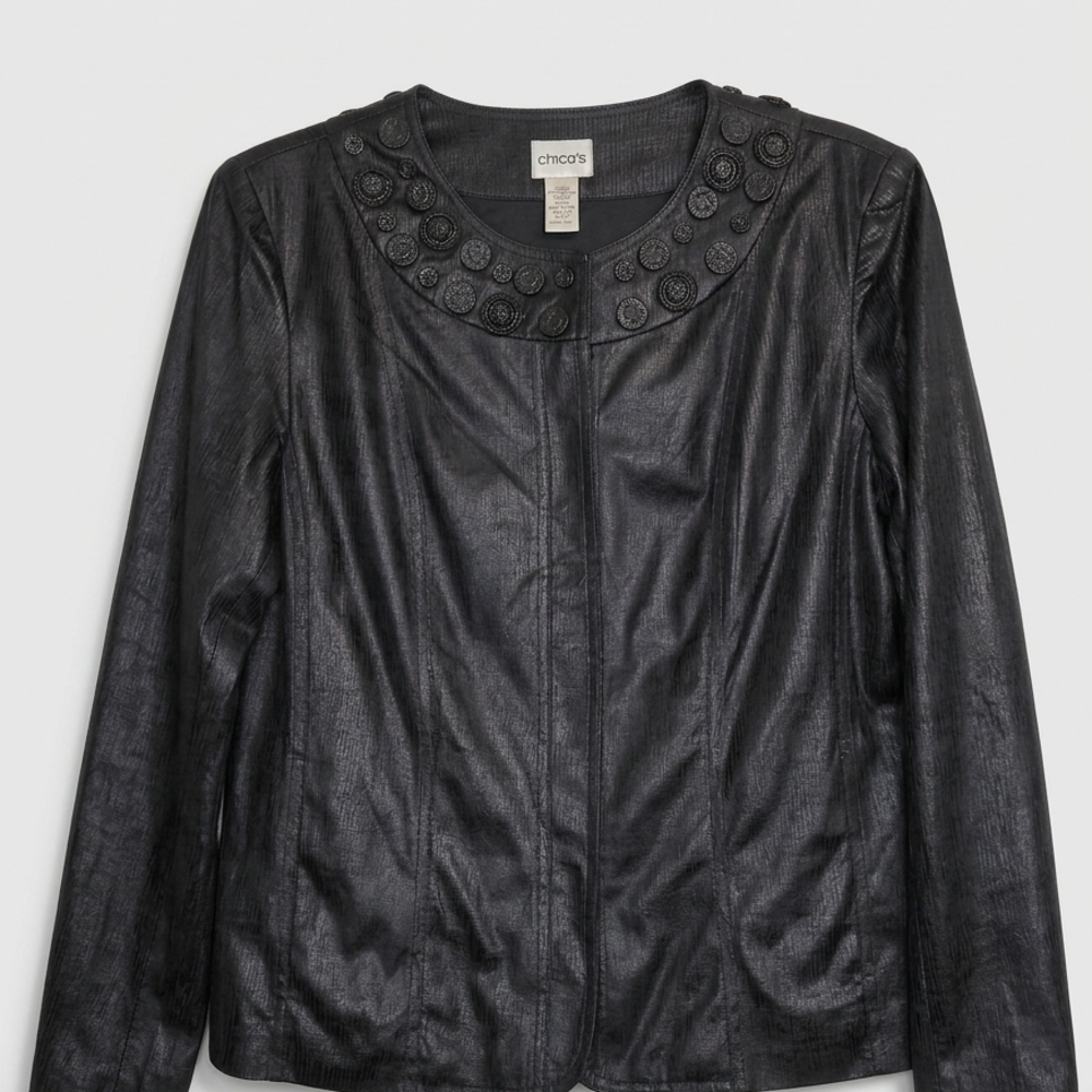 Chico's Size 1 Indigo/Black Shimmer Embellished Collar Jacket #13